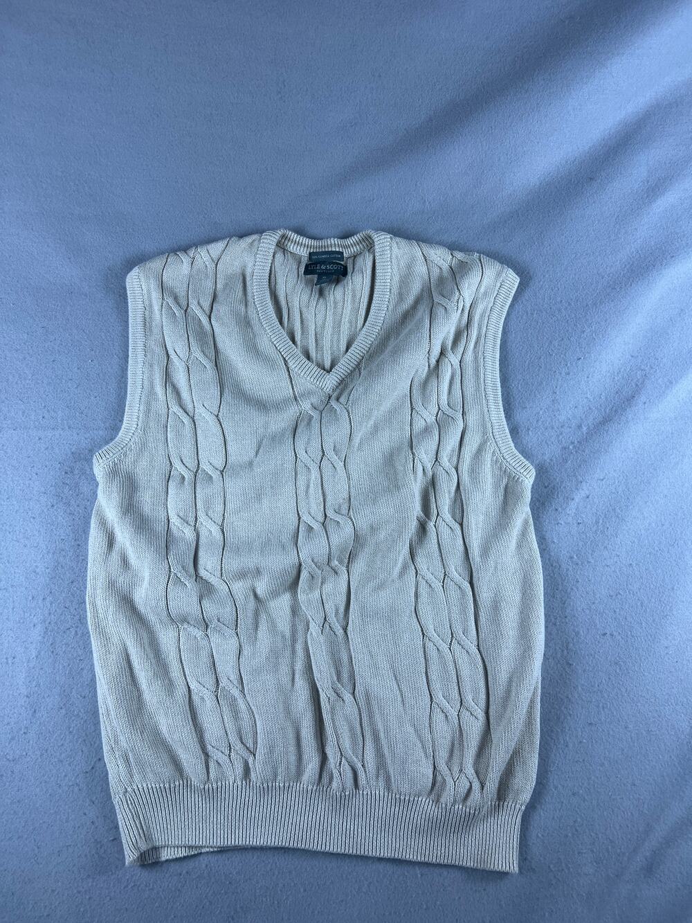 Lyle & Scott Sweater Vest Mens XL Beige V Neck Combed Cotton Cable Knit Preppy